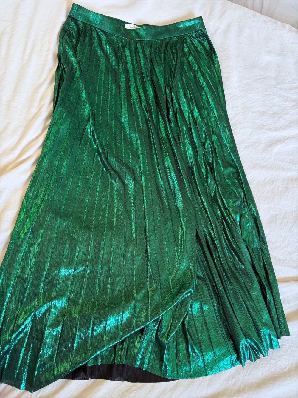 Shimmering Green Metallic Pleated Midi Skirt